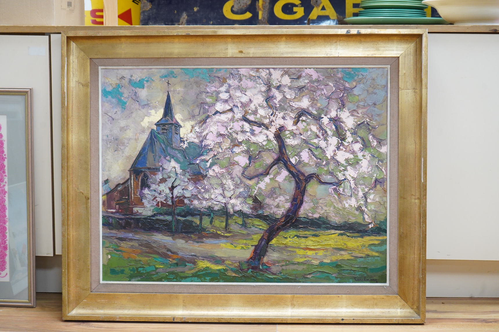 Contemporary, Blossom tree before church, indistinctly signed, impasto oil on board, 62 x 82cm